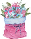 A crimson Santa Claus sack with presents and green branches. Watercolor Christmas illustration. Royalty Free Stock Photo