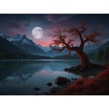Crimson serenity: the enchanting nighttime reflections of the red tree by the lake