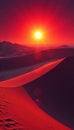 Crimson sun bursts over towering dunes, casting long shadows , sun rays, epic Royalty Free Stock Photo