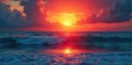 Crimson sun dips below tranquil waves, huge sky ablaze, clouds, view, background Royalty Free Stock Photo