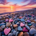 Crimson sunset on a beach filled with natural heart shaped colored polish sea stones on the seashore, with sky, sandy Royalty Free Stock Photo
