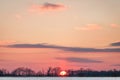 Crimson Sunset over Snowy American Corn Fields in Winter with Bl Royalty Free Stock Photo