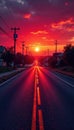 Crimson sunset paints asphalt ribbon, long shadows stretch , beautiful, drive, photo