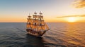 Crimson Tide. Small sailing ship in the open sea at sunset.