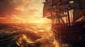 Crimson Tide. Small sailing ship in the open sea at sunset.