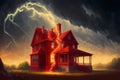 A crimson vortex accompanied by thunder and lightning ravages a small, aging dwelling