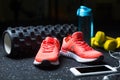 Crimson women`s sneakers, yellow dumbbells, a bottle and a white mobile phone with headphones on a blurred background. Royalty Free Stock Photo