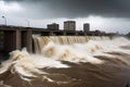 Crippling Deluge Overpowers Structures: Cascading Water Undermines Foundations, Buildings in Various States of Peril Royalty Free Stock Photo