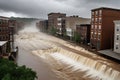 Crippling Deluge Overpowers Structures: Cascading Water Undermines Foundations, Buildings in Various States of Peril Royalty Free Stock Photo