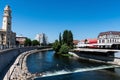 Cris river Crisul Repede  and the Oradea town hall. Royalty Free Stock Photo