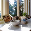 Antique kitchen display with Crisco, mixing bowl, recipe book