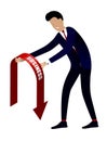 Crisis. Businessman holds a dying red and green arrow in his hands. Falling oil and stock prices. Isolated vector on white