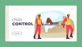 Crisis Control Landing Page Template. Rescuer Characters Carry Woman With A Neck Fracture On A Stretcher