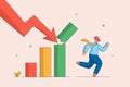 Crisis or depression concept. Money loss. Fear businessman or investor with money run away from collapsing graph