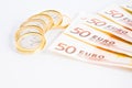 Crisis of eurozone, euro coins on 50-euro banknotes