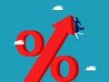 Crisis of increasing interest rates. Businesswoman falling from percentage symbol. Recession. Bankruptcy