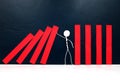 Crisis management and business continuity concept. Human stick figure stopping falling red dominos. Royalty Free Stock Photo