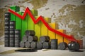 Crisis in oil and petroleum ndustry. Oil barrels and falling graph on world map background. Oil price or production decrease