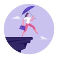 Crisis Protection Concept. Confident Businesswoman with Purple Umbrella and Briefcase in Hand Step into Abyss