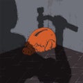 Crisis vector illustration. Frightened piggy bank and shadow of a man with hummer. Good for article about financial crisis.
