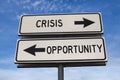 Crisis vs opportunity. White two street signs with arrow on metal pole with words. Directional road. Crossroads Road Sign, Two Royalty Free Stock Photo