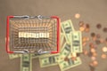Crisis written with wooden cubes in iron shopping basket with Money coins and bills on the background, Business and Financial