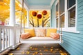 crisp autumn leaves on a colonial side porch with wooden swing