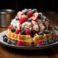 Crisp Belgian waffle, fresh berries, and cream on wooden table