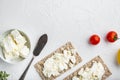 Crisp bread sandwich, on white stone table background, top view flat lay, with copy space for text Royalty Free Stock Photo