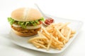 Crisp chicken burger tomato onion cheese lettuce Royalty Free Stock Photo