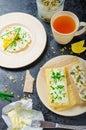 Crisp Crispbread with cheese spread with chives and Crisp Crispbread with curd cheese spread chives and seeds Royalty Free Stock Photo