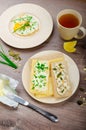 Crisp Crispbread with cheese spread with chives and Crisp Crispbread with curd cheese spread chives and seeds Royalty Free Stock Photo