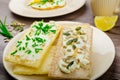 Crisp Crispbread with cheese spread with chives and Crisp Crispbread with curd cheese spread chives and seeds Royalty Free Stock Photo