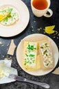 Crisp Crispbread with cheese spread with chives and Crisp Crispbread with curd cheese spread chives and seeds Royalty Free Stock Photo