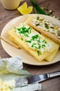 Crisp Crispbread with cheese spread with chives and Crisp Crispbread with curd cheese spread chives and seeds Royalty Free Stock Photo