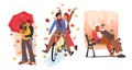 In The Crisp Embrace Of Autumn, Couples Stroll with Umbrella, Hand In Hand, Riding Bicycle and Relax on a Park Bench