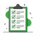 Flat vector illustration of a green clipboard with a completed checklist and green checkmarks. Royalty Free Stock Photo