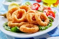 Crisp fried golden squid rings with salad