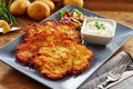 Crisp Fried Potato Rosti Served with Salad and Dip Royalty Free Stock Photo