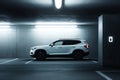 A crisp image of a typical modern SUV vehicle situated in a concrete garage Royalty Free Stock Photo