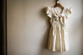 crisp ivory dress with a bow hung on a wallmounted rack Royalty Free Stock Photo