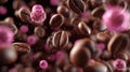 Crisp medium shot of fresh coffee beans with outoffocus polyphenol structures drifting away conveying visualized Royalty Free Stock Photo