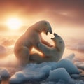 Two polar bears fight on cold ice sheet in morning sun Royalty Free Stock Photo