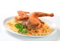 Crisp-skinned chicken with French fries