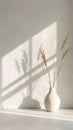 Crisp sunlight filters through a window, creating a dynamic interplay of shadows around a minimalist vase with dry flora