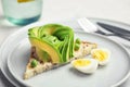 Crisp toast with sliced avocado and quail egg