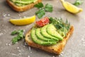 Crisp toast with sliced avocado on table