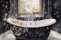 Crisp white bubbles fall from a tub of glistening black marble creating a playful yet grandiose atmosphere.. AI
