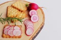 Crispbread with butter and sliced radish on wooden cutting board.
