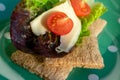 Crispbread with salad, cheese and tomatoes in close up view
